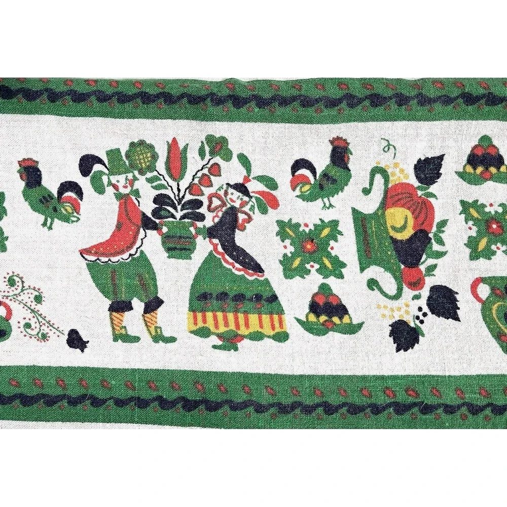 Folk Art Unbranded Linen Rectangular‎ Tablecloth 56x80 Cream Green Red Rooster